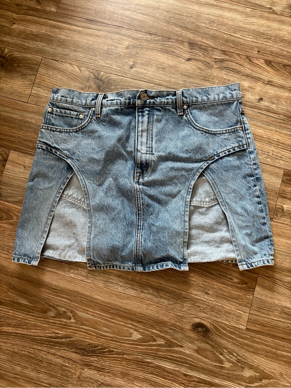 GRLFRND Light Blue Denim Mini Skirt with Cutout Panels